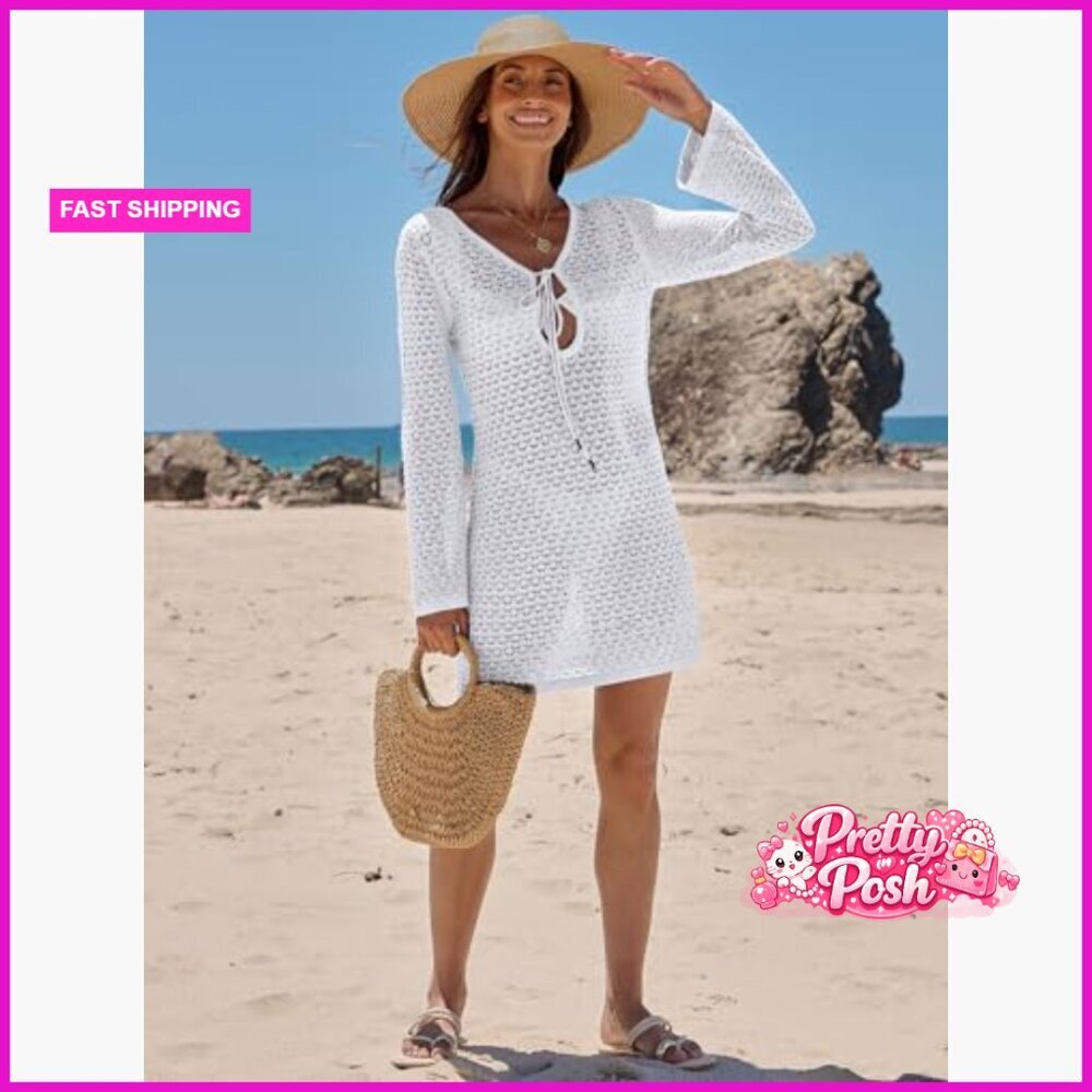 Crochet Mesh Knit Beach Cover Up Dress Long Sleeve V Neck - Picture 5 of 7